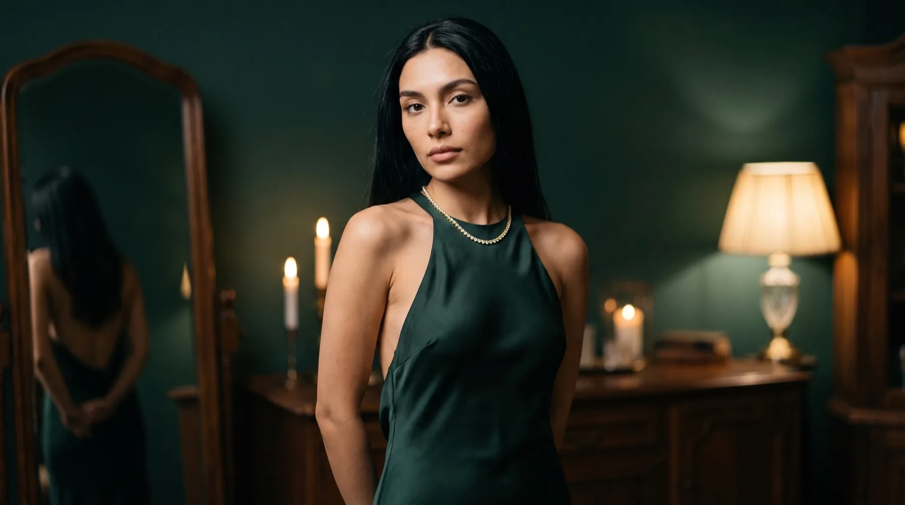 The Line riviera necklace worn with a green silk dress