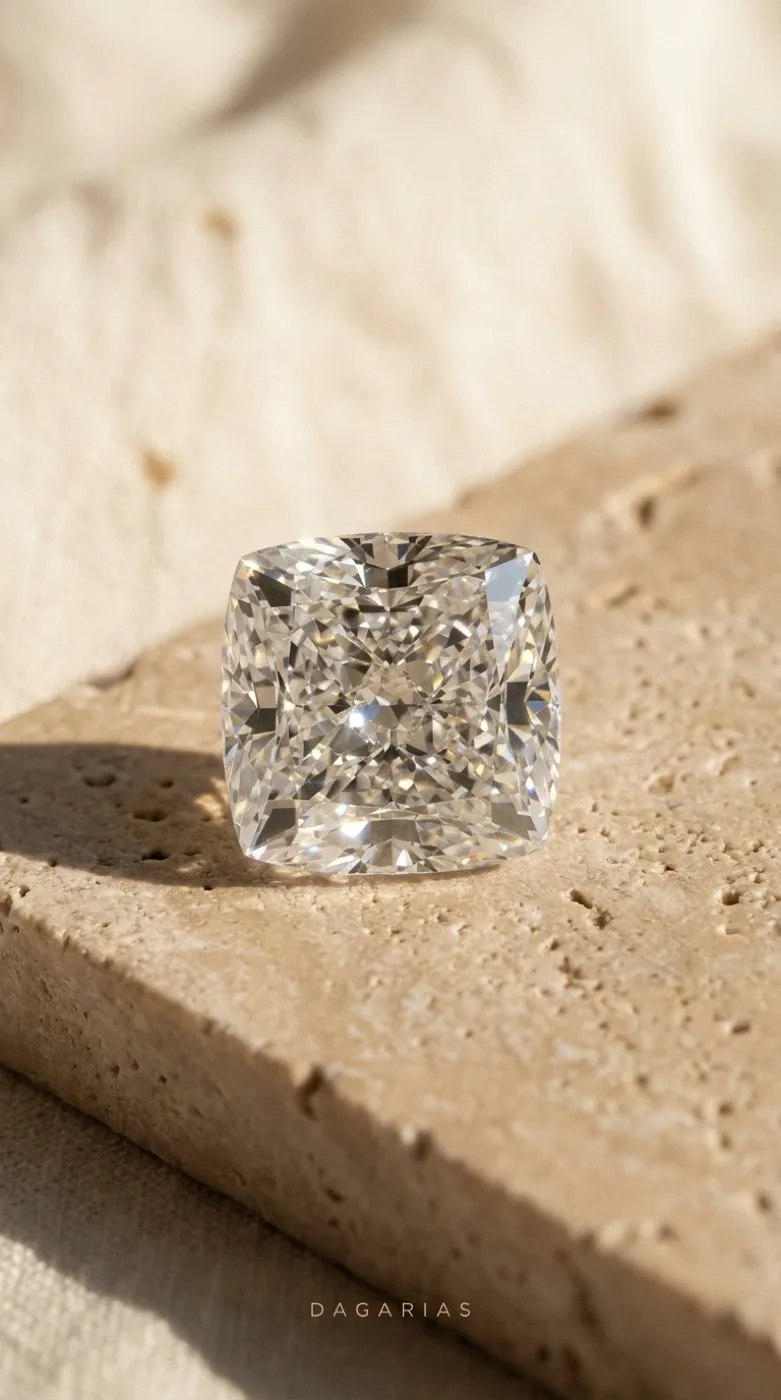 A cushion-cut diamond on travertine